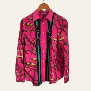 Lauren Ralph Lauren Pink Equestrian Horse Bit Bridle Print Button Down Blouse M